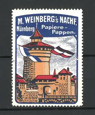 Reklamemarke Papier- und Pappwaren M. Weinberg's Nachf., Nürnberg, Ansicht des Schlossturmes