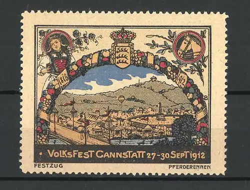 Reklamemarke Cannstatt, Volksfest 1912, Panoramablick auf das Festgelände, Wappen