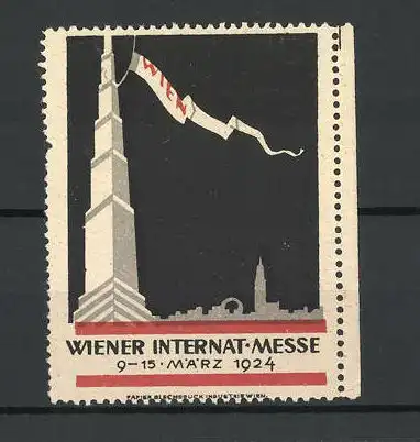 Reklamemarke Wien, Internationale Messe 1924, Turm mit Flagge vor Stadtsilhouette