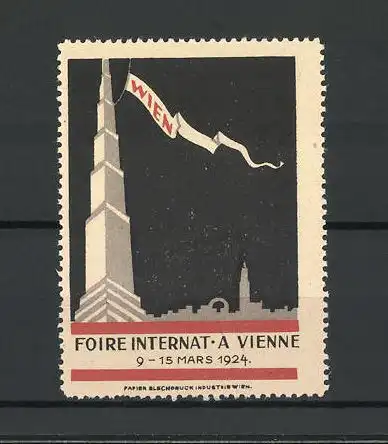 Reklamemarke Vienne, Foire International 1924, Turm mit Flagge vor Stadtsilhouette