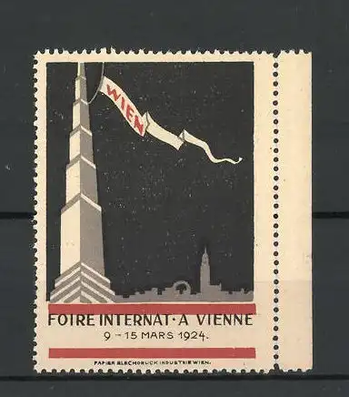 Reklamemarke Vienne, Foire International 1924, Turm mit Flagge vor Stadtsilhouette