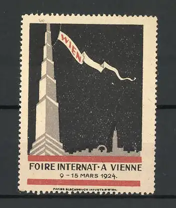 Reklamemarke Vienne, Foire International 1924, Turm mit Flagge vor Stadtsilhouette