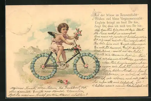 Lithographie Auf der Wiese im Sonnenlicht..., Engel auf Fahrrad