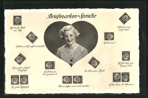 AK Briefmarkensprache, Blonde Maid in Herz