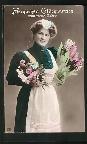 AK Dienstmädchen mit Blumenstrauss, Neujahrsgruss