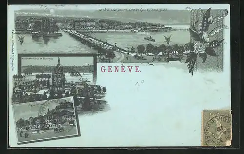 Mondschein-Lithographie Genf, Rive droite & Pont et Quai du Mont Blanc, Monument du duc de Brunswick, Place Neuve