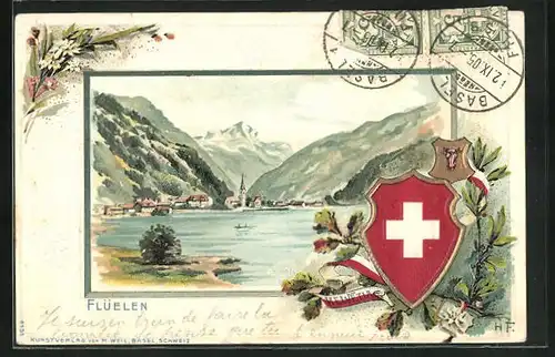 Präge-Passepartout-AK Flüelen, Ortspartie mit Bergen, Wappen