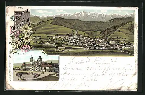 Lithographie Einsiedeln, Panorama, Kloster