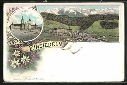 Lithographie Einsiedeln, Ansicht vom Kloster, Panoramablick auf die Ortschaft