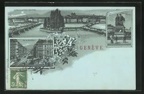 Mondschein-Lithographie Geneve, Rue du Mont Blanc, Rive gauche, Monument National