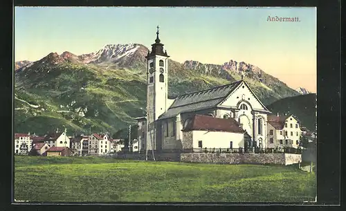 AK Andermatt, Ortspartie mit Kirche