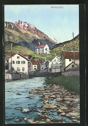 AK Andermatt, Blick vom Fluss zur Kirche