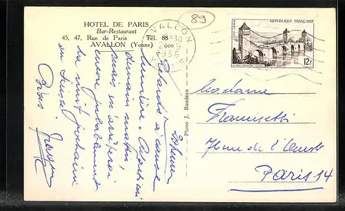 AK Avallon, Hotel de Paris, 45, 47, Rue de Paris