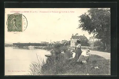 AK Bonnières-sur-Seine, Promeneurs et Pecheurs au bord de la Seine