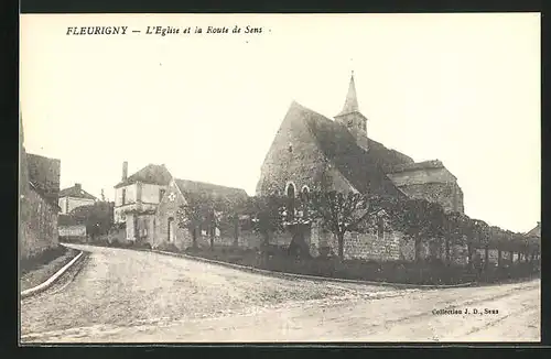 AK Fleurigny, L`Eglise et la Route de Sens