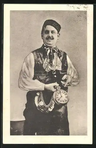 AK Dresden, Josephus Linke mit grosser Uhr, Gründer des ersten Bauern-Museums, Kreuzstrasse 11