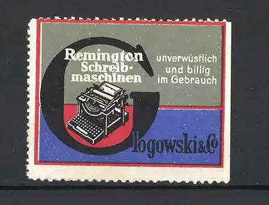 Reklamemarke Remington Schreibmaschinen, Glogowski & Co., Ansicht einer alten Schreibmaschine