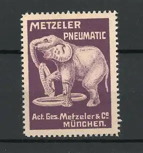 Reklamemarke Metzeler Pneumatic, Metzeler & Co., München, Elefant turnt mit einem Reifen