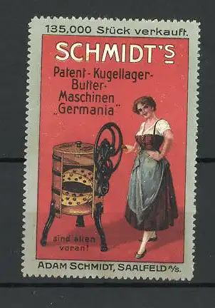Reklamemarke Schmidt's Patent-Kugellager-Buttermaschinen Germania, Hausfrau stellt Butter her
