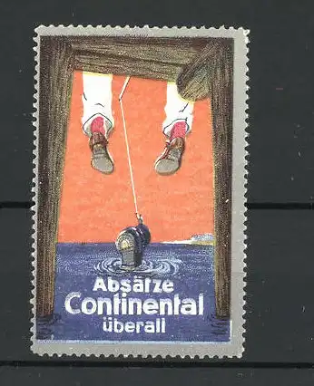 Reklamemarke Continental Absätze überall, Angler mit einem Schuh am Haken