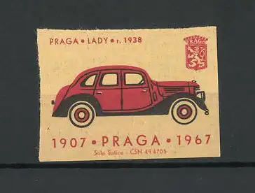 Reklamemarke Praga Lady r. 1938, Ansicht eines roten Autos, Praga 1907-1967, Wappen