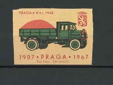 Reklamemarke Praga N r. 1928, Ansicht eines LKW's mit Ladung, Praga 1907-1967, Wappen