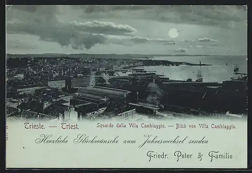 Mondschein-AK Triest, Ausblick von der Villa Cambiaggio