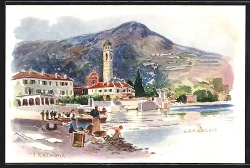Künstler-AK Cernobbio, Blick vom Strand zur Kirche