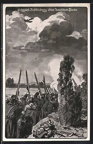 AK Erfolgreiche Beschiessung durch deutsche Taube, franz. Infanterie