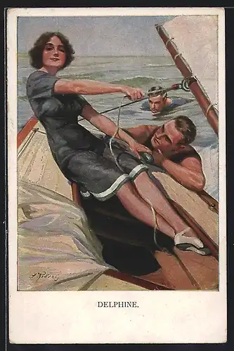 Künstler-AK Delphine, Frau auf einem Segelboot, Bewunderung durch einen Mann