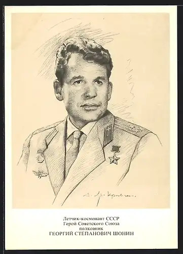 Künstler-AK Sowjetischer Kosmonaut Schonin mit Orden