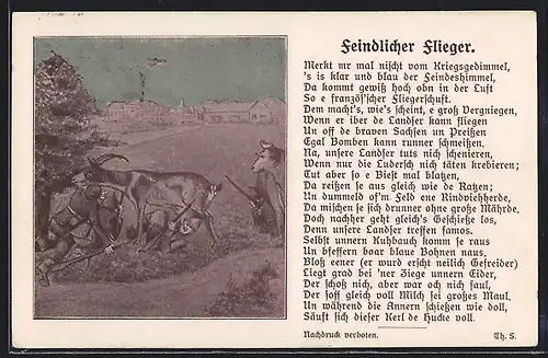 Künstler-AK Bauern fliehen vor einem feindlichen Flugzeug