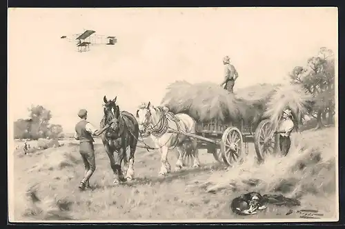 AK Bauern mit Erntewagen und Flugzeug, Pferdegespann