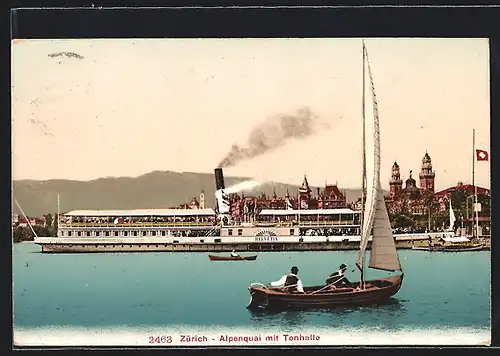 AK Zürich, Dampfer Helvetia am Alpenquai, Blick zur Tonhalle