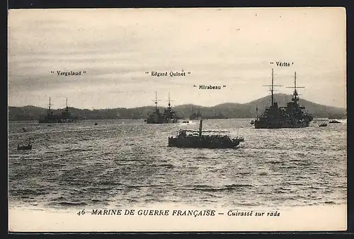 AK Marine de Guerre Francaise, Cuirassé sur rade, Vérité, Mirabeau, Edgard Quinet, Vergniaud