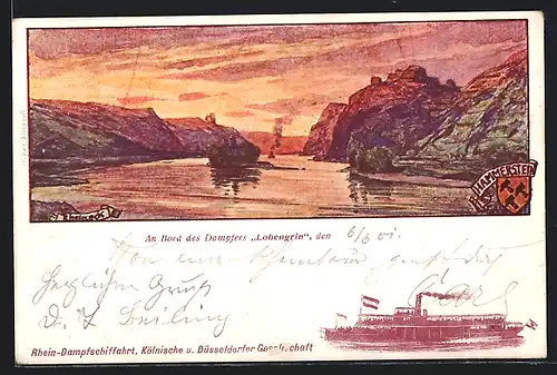 Künstler-AK Dampfer Lohengrin der Rhein-Dampfschiffahrt vor Festung Hammerstein