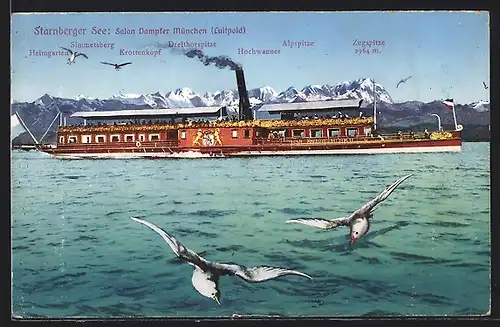AK Salondampfer München auf dem Starnberger See mit Zugspitze