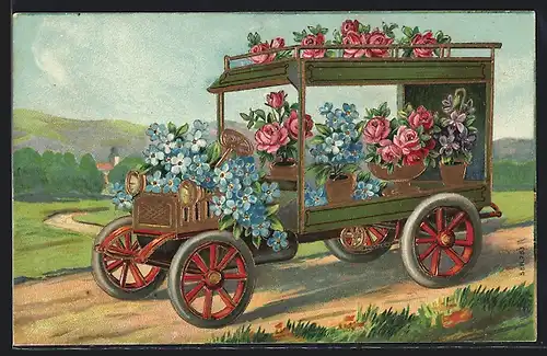 Künstler-AK Lastkraftwagen mit Blumen beladen