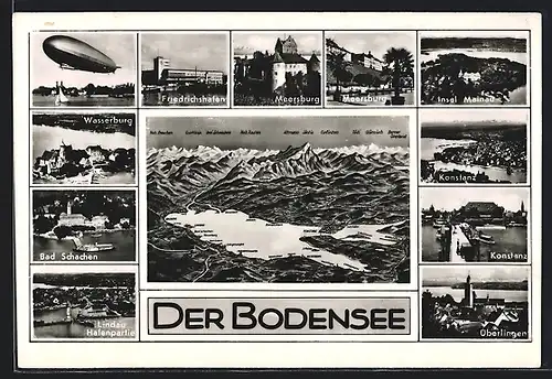 AK Friedrichshafen, Luftschiff Graf Zeppelin über dem Bodensee, Insel Mainau, Gesamtansicht des Bodensees mit Umgebung