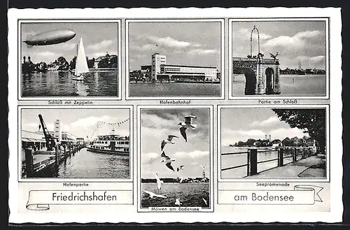 AK Friedrichshafen, Schloss mit Zeppelin, Seepromenade
