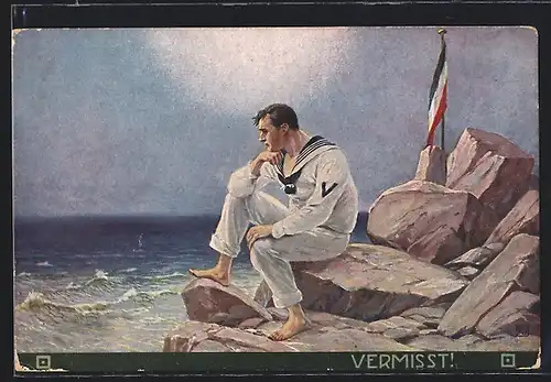 Künstler-AK sign. RB: Vermisst, gestrandeter Matrose der deutschen Marine, mit Marine-Schiffspoststempel