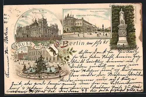 Lithographie Berlin, Reichstagsgebäude, Schloss-Brunnen, Denkmal der Königin Luise
