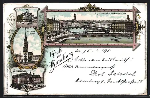 Lithographie Hamburg, Reesendammbrücke und Alsterarcaden, Stadttheater, Nicolaikirche