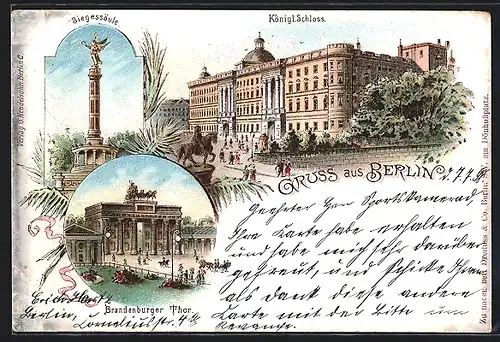 Lithographie Berlin, Köngl. Schloss, Siegessäule, Brandenburger Tor
