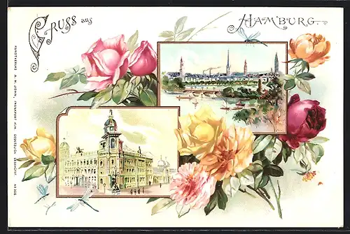 Lithographie Hamburg, Ortsansicht mit Blumendekor
