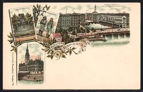 Lithographie Hamburg, Neues Rathaus, Kriegerdenkmal, Helgoländer, Reesendammbrücke