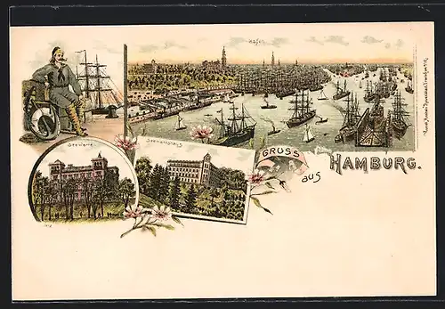 Lithographie Hamburg, Hafen aus der Vogelschau, Seemannshaus und Seewarte