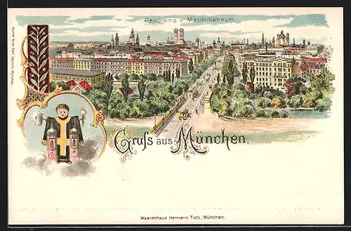 Lithographie München, Panorama vom Maximilianeum mit Maximilianbrücke