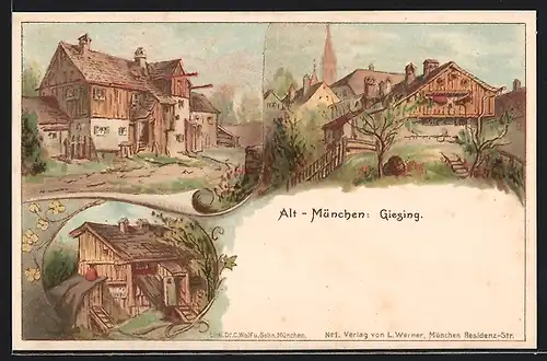 Lithographie München-Giesing, Alte Häuser im Ort