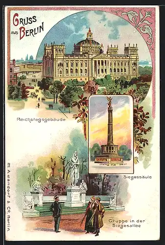 Lithographie Berlin-Tiergarten, Reichstagsgebäude, Siegessäule, Gruppe in der Siegesalle